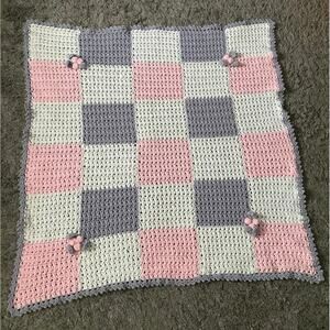 Vintage Hand Crochet knit Baby Blanket 42.5X42.5 color squares and flowers